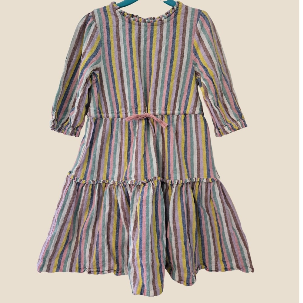 Mini Boden Girls Multi Color Stripe Tiered Cotton Linen Dress 5-6Y Rainbow